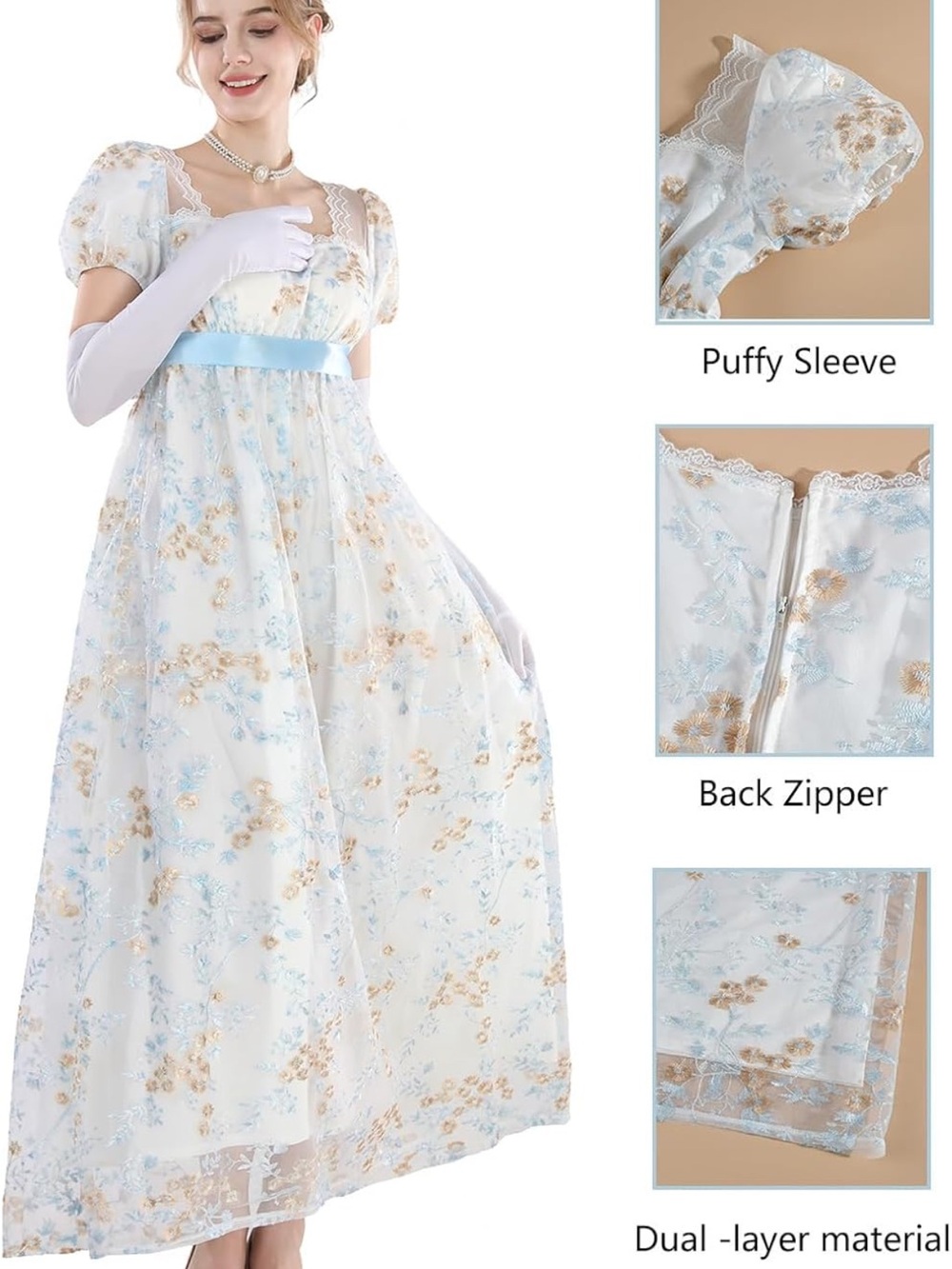 Amazon White Floral Formal Dress with Blue and Gold Accents